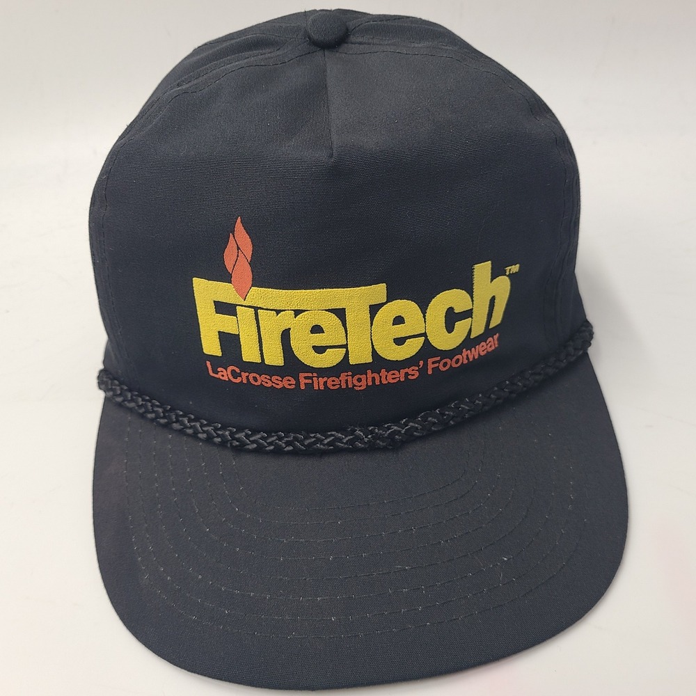 Vintage FireTech Hat Snapback Black Rope LaCrosse Firefighters Footwear Logo Men